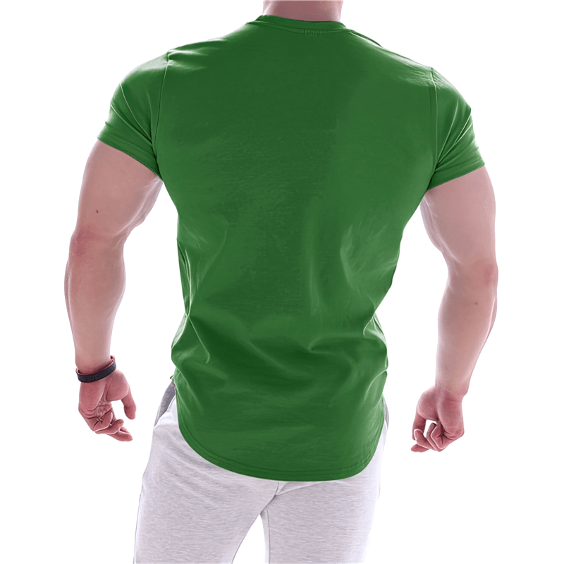 Back view of a man wearing a green sports elastic quick-drying t-shirt, highlighting fit and lightweight design for exercise and leisure.