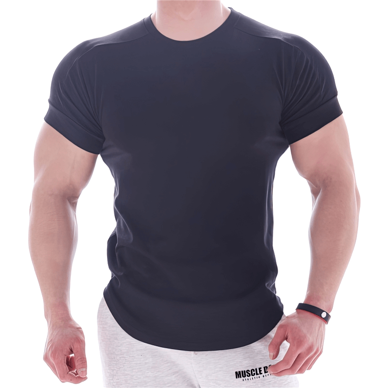 Sports Elastic Quick-Drying Men's Round Neck T-Shirt in black, perfect for exercise and leisure, worn by a male model.