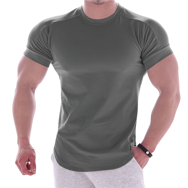 Sports Elastic Quick-Drying Men's Round Neck T-Shirt in gray, perfect for exercise and leisure, showcasing lightweight polyester material.