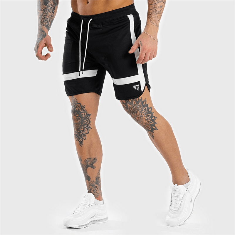 Men's black sports elastic training shorts, polyester, straight fit with patchwork, ideal for workouts, drawstring closure.