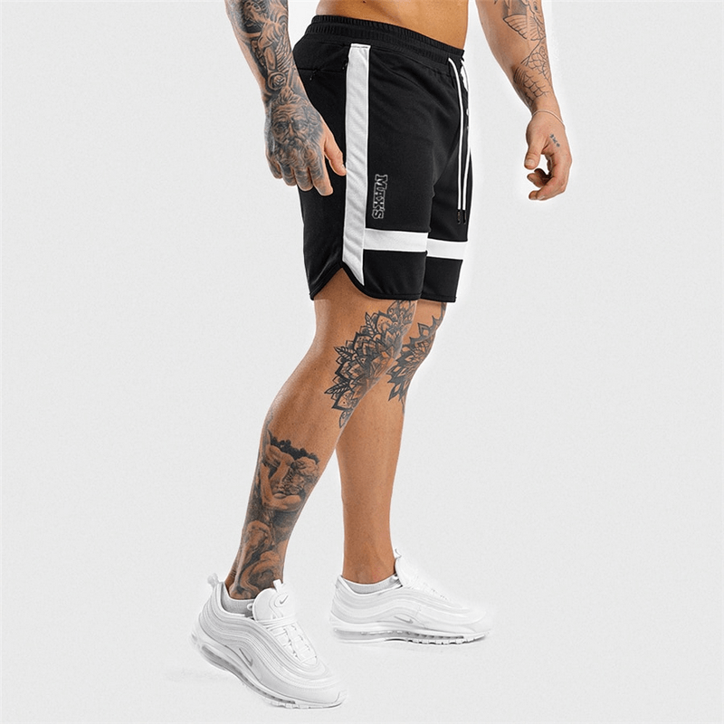 Men's sports elastic training shorts SF1523, black with white patchwork, straight-fit, polyester, ideal for casual workouts.