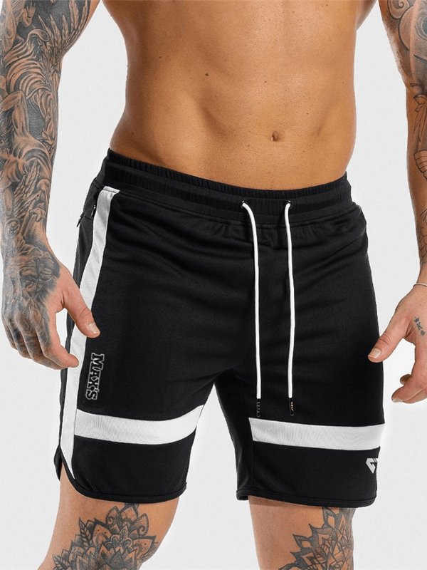 Men's sports elastic training shorts in black with white stripes and drawstring, perfect for workouts.