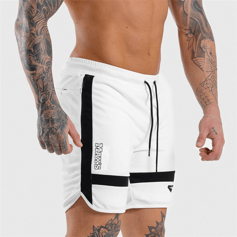 Men's sports elastic training shorts in white with black trim, featuring a drawstring closure and patchwork design for versatile workouts.