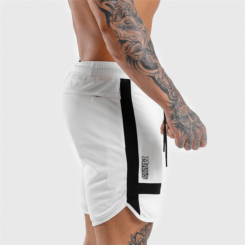 Men's sports elastic training shorts in white with black accents and drawstring closure, ideal for workouts and casual style.