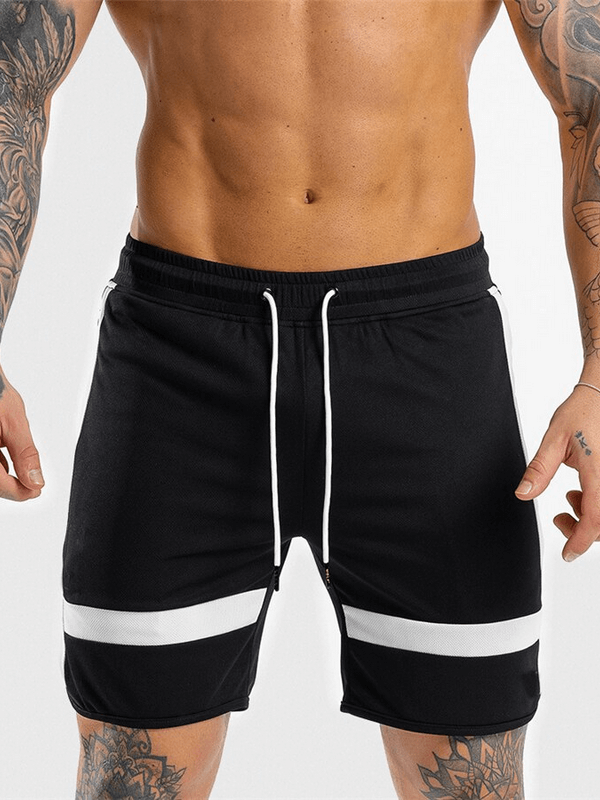 Men's sports elastic shorts SF1523 in black with white stripes, featuring drawstring closure and durable polyester material.