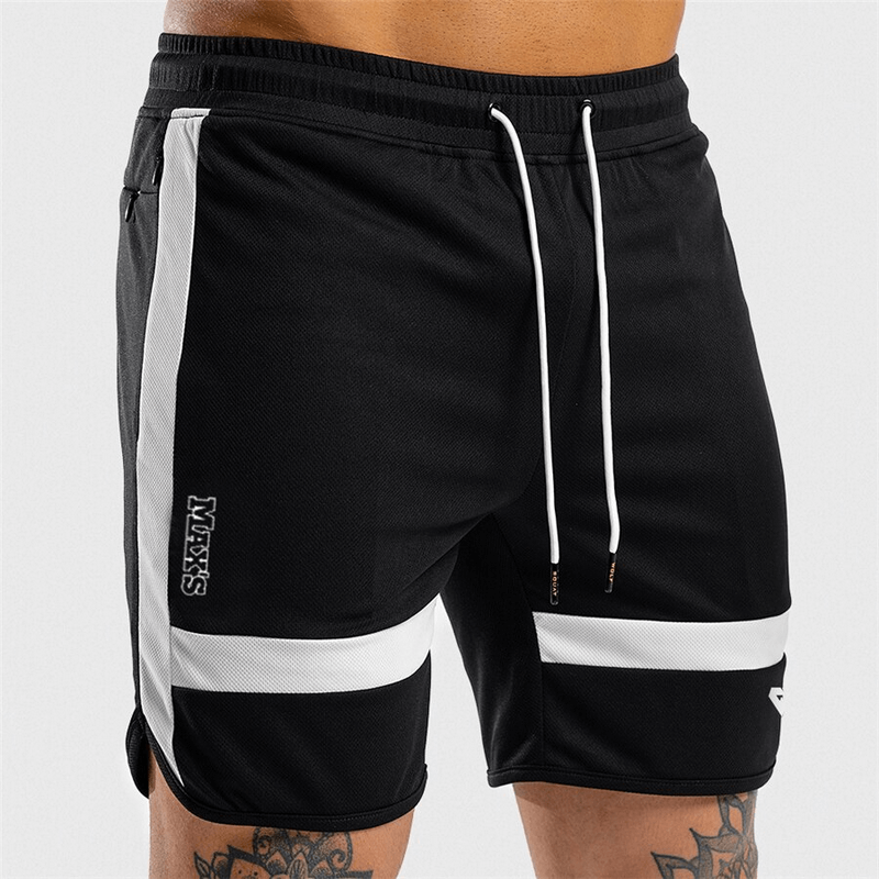 Men's black sports elastic short training shorts with white stripes, made of polyester, featuring drawstring closure.
