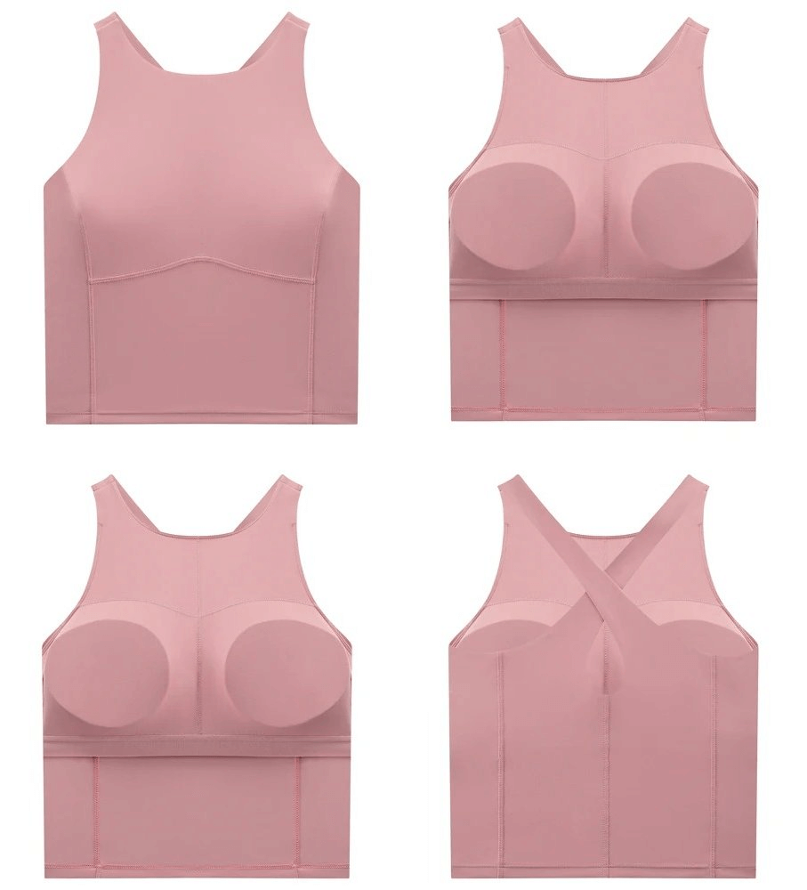 Pink sports elastic women's tank top with built-in bra, shown in front and back views, ideal for fitness and running.