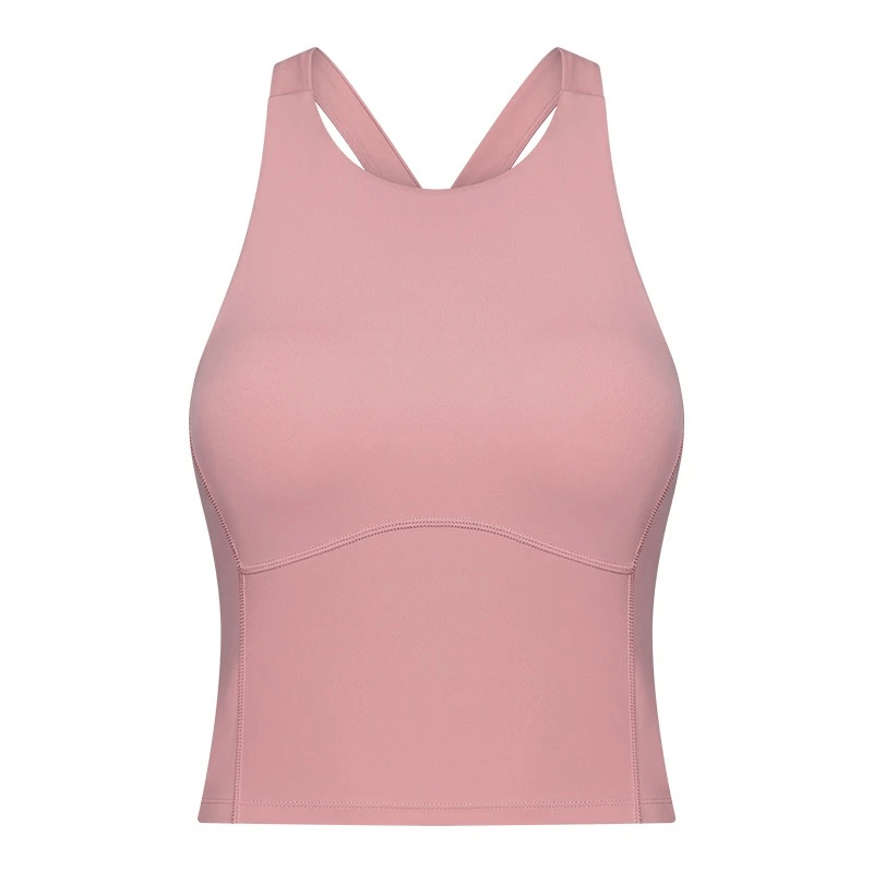 Pink sports elastic women's tank top with built-in bra, designed for casual, running, and fitness activities. Breathable and stretchy.