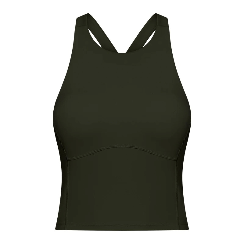 Black sports elastic women's tank top with built-in bra, designed for fitness and running, breathable nylon-spandex fabric blend.