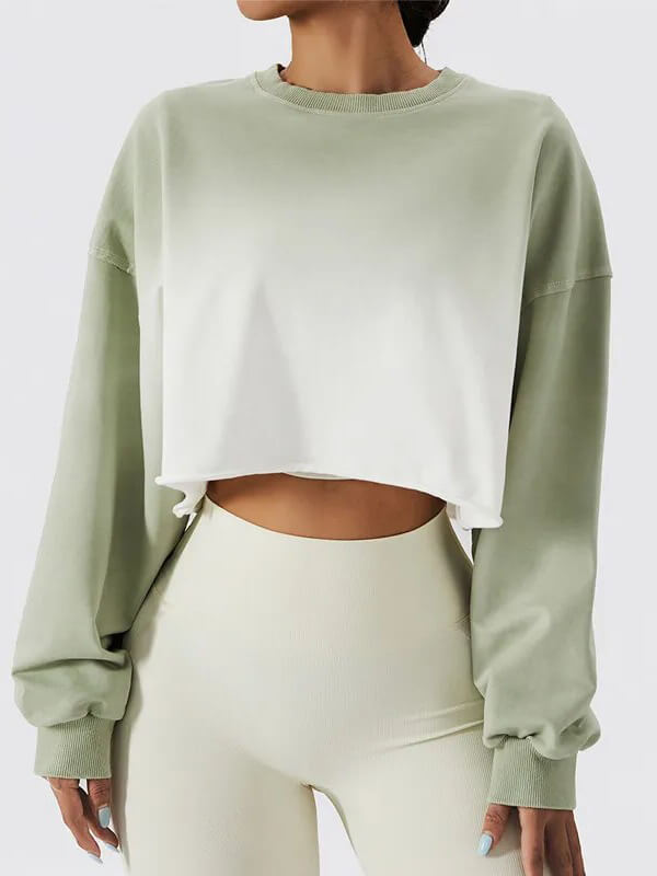 Stylish gradient color long sleeves crop top for active women, featuring breathable cotton material and comfortable O-neck design.