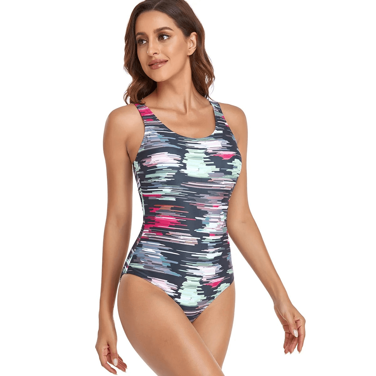 Stylish sports female one piece swimsuit SF1863 with colorful print, sleeveless design, perfect for comfort and durability.