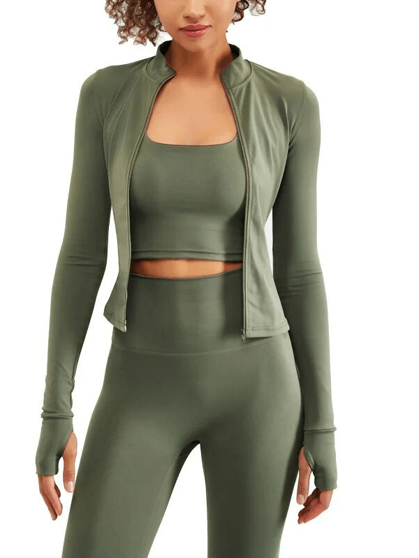 Women's sports fitness set with full sleeve top and sleeveless bra, perfect for yoga and running, in breathable nylon fabric.