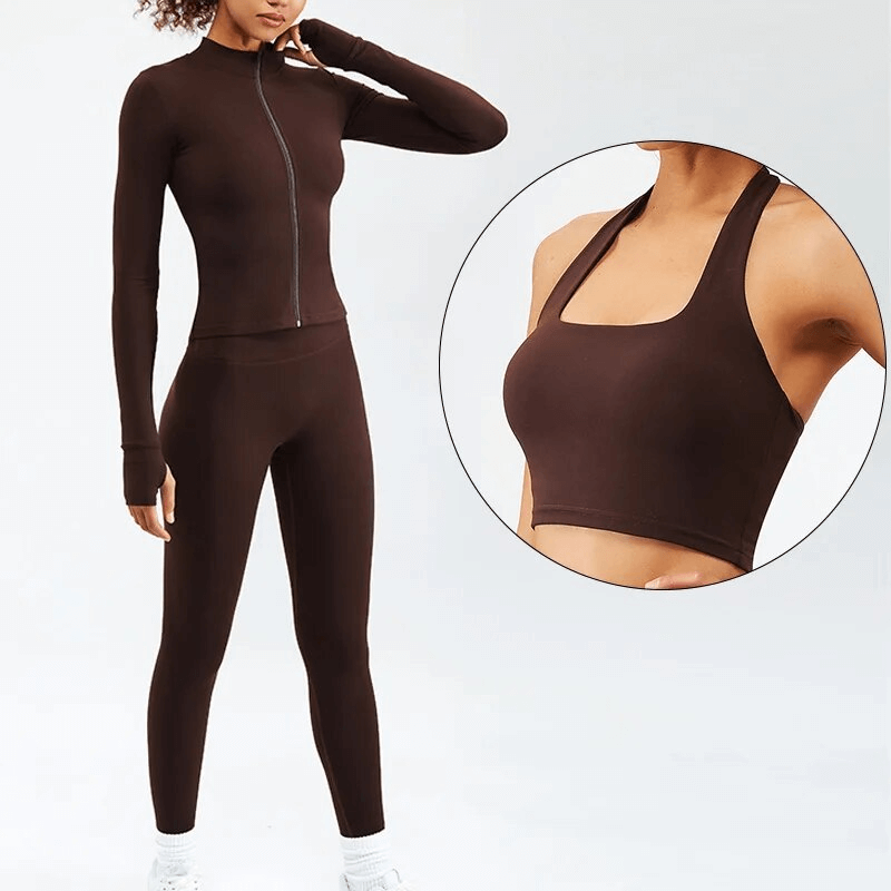 Women's sports fitness set with full-sleeve top and sleeveless bra in brown, ideal for yoga and workouts, made of quick-dry nylon.