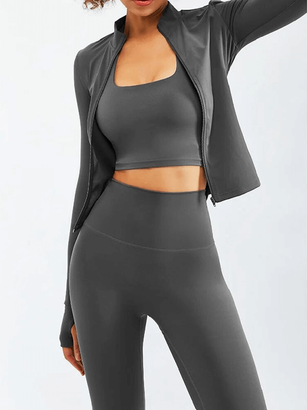 Women's sports fitness set SF1766, gray nylon fabric, includes full sleeve top and sleeveless bra, ideal for yoga and running.