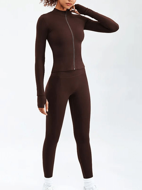 Women's brown full sleeve fitness set for yoga and running, featuring lightweight, breathable fabric and modern design.