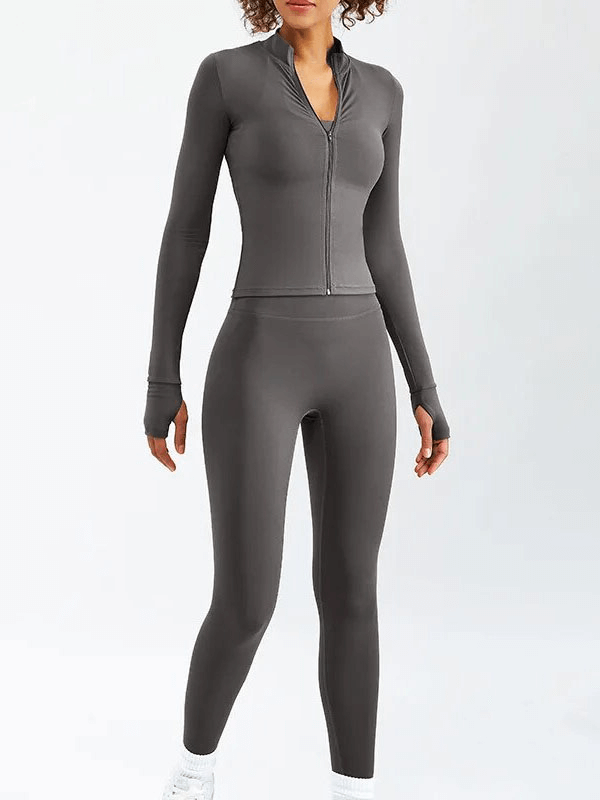 Women's sports fitness set in gray with full-sleeve top and leggings, ideal for yoga and running. Product SF1766.