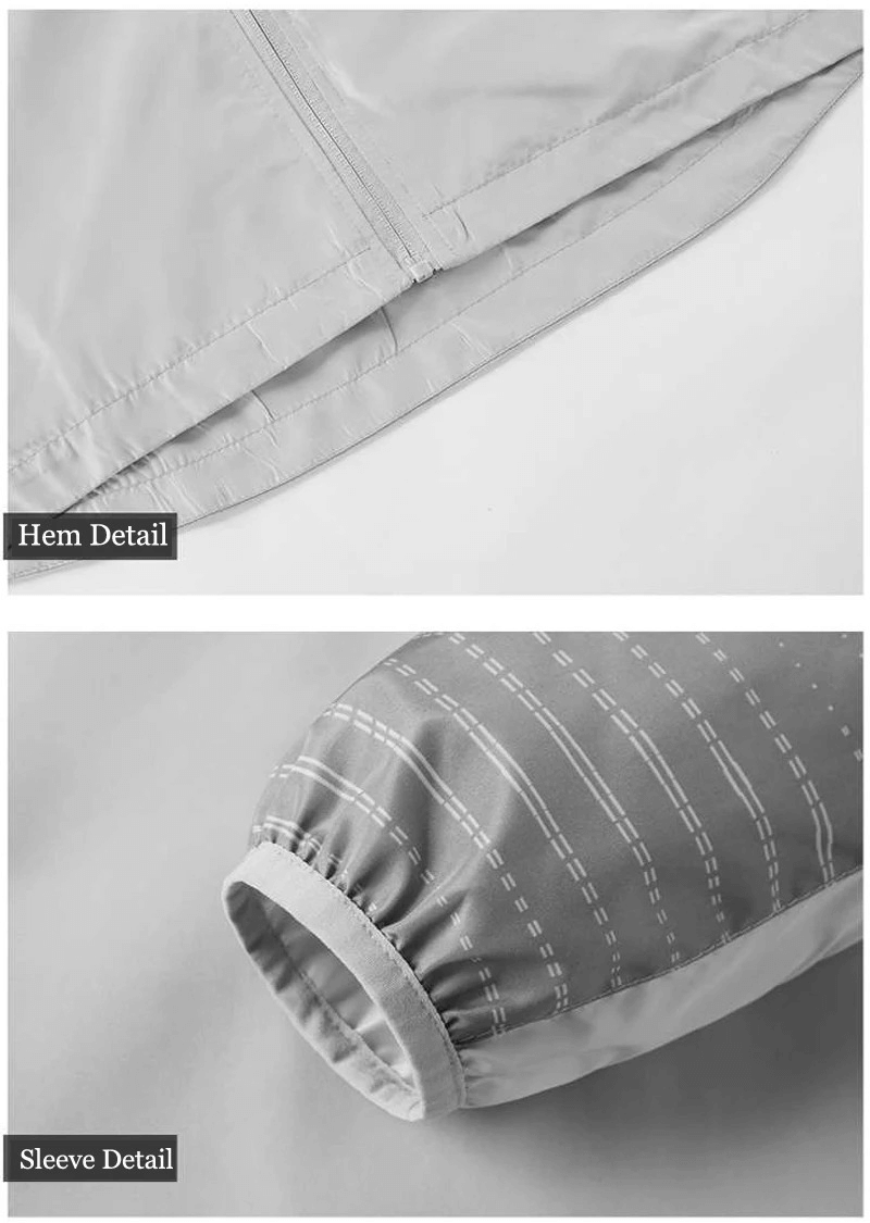 Close-up of hem and sleeve details on men's sports hooded thin windbreaker, showcasing stitching and printed pattern.