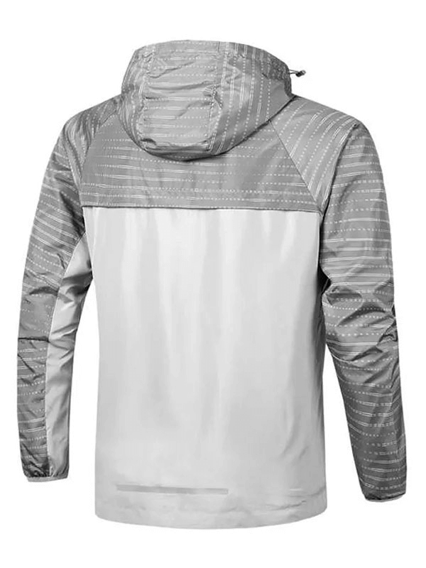 Back view of a gray sports hooded windbreaker for men, featuring a stylish printed pattern and zipper closure. Lightweight and durable.