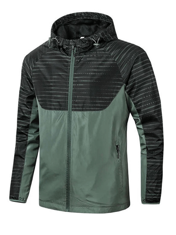 Men's sports hooded thin windbreaker SF1899 in black and green with printed pattern and zipper closure.