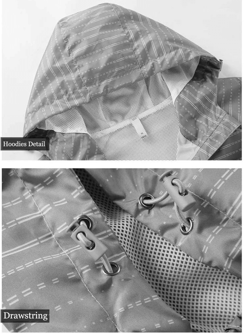 Close-up of SF1899 men's thin windbreaker with hood and drawstring detailing, showcasing lightweight fabric and stylish print.