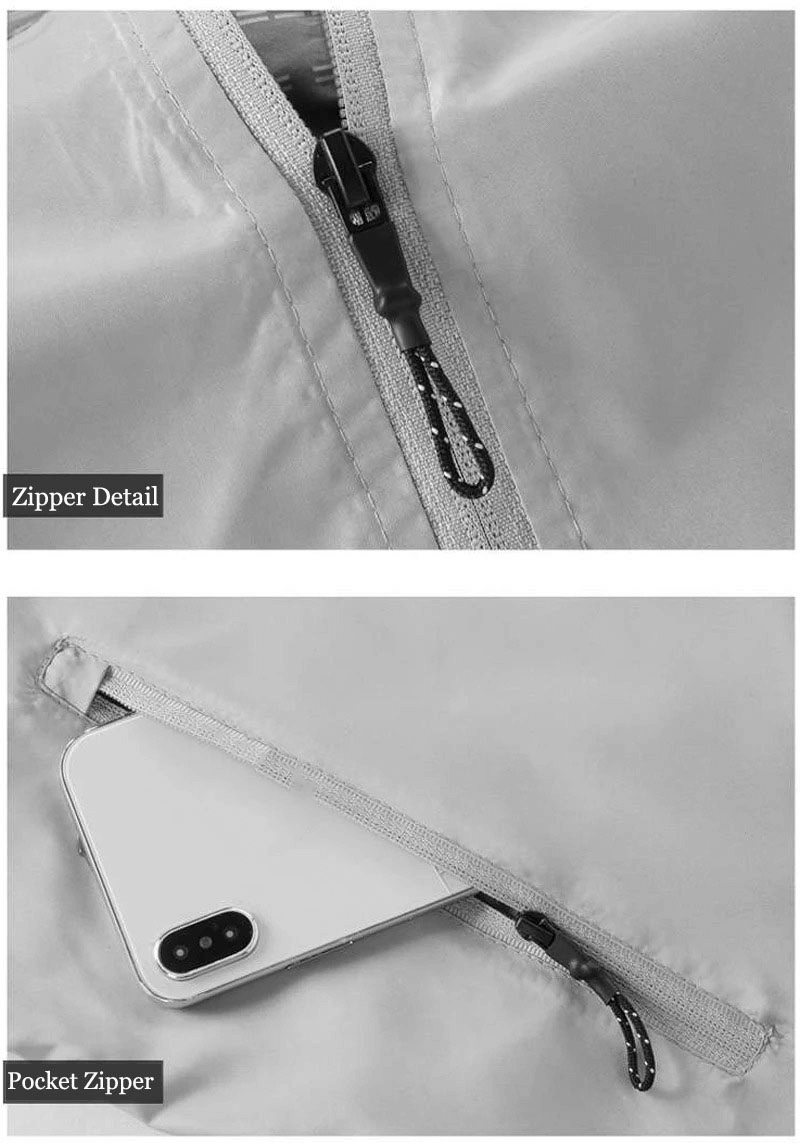 Close-up of sports windbreaker zipper and pocket with phone for stylish functionality.