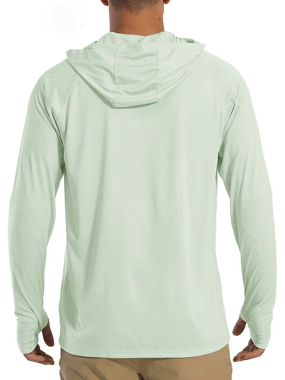 Back view of a man wearing a light mint green sports lightweight quick-dry men's long-sleeve hooded shirt, ideal for an active lifestyle.
