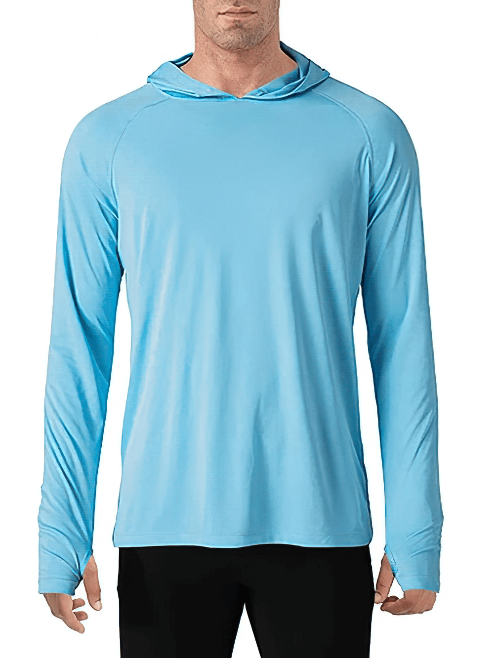 Light blue men's quick-dry hooded sports shirt with long sleeves, perfect for active wear. Lightweight and breathable polyester.