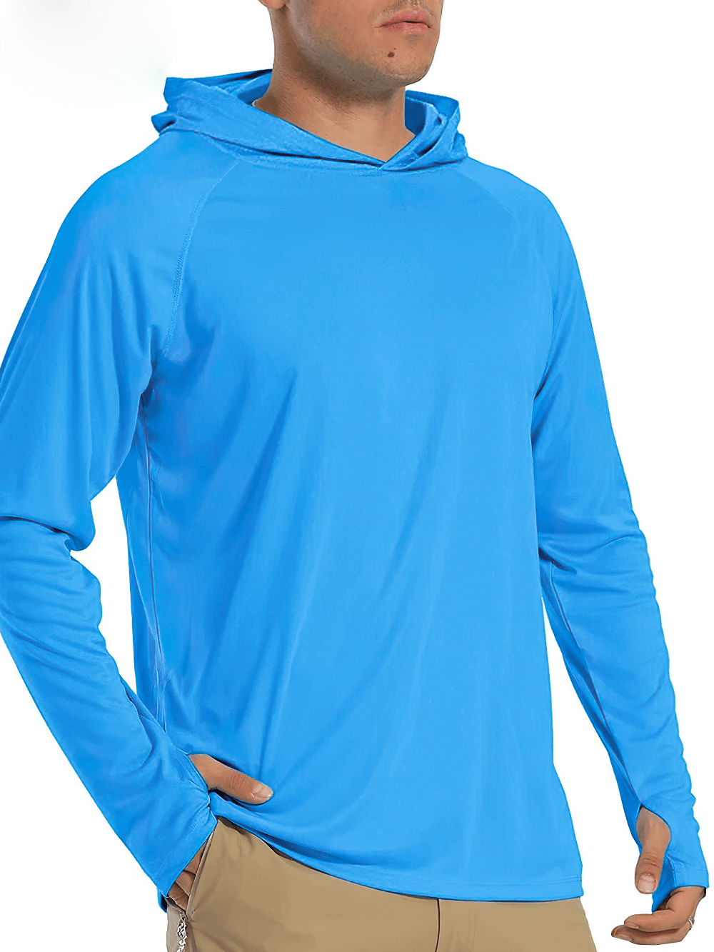 Blue lightweight quick-dry men's hooded shirt with long sleeves, perfect for an active lifestyle. Breathable polyester fabric. SF0382.