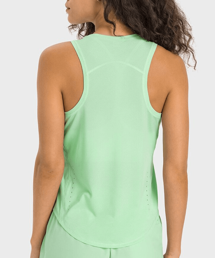 Back view of green sports lightweight quick-drying women's tank, showcasing breathable and durable spandex-nylon fabric.
