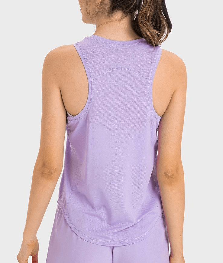 Back view of a woman wearing a lavender lightweight quick-drying sports tank SF1547, ideal for yoga with durable spandex and nylon.