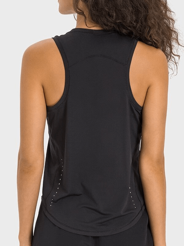 Back view of black lightweight quick-drying women's tank top for yoga, made of spandex and nylon, showing breathable design.