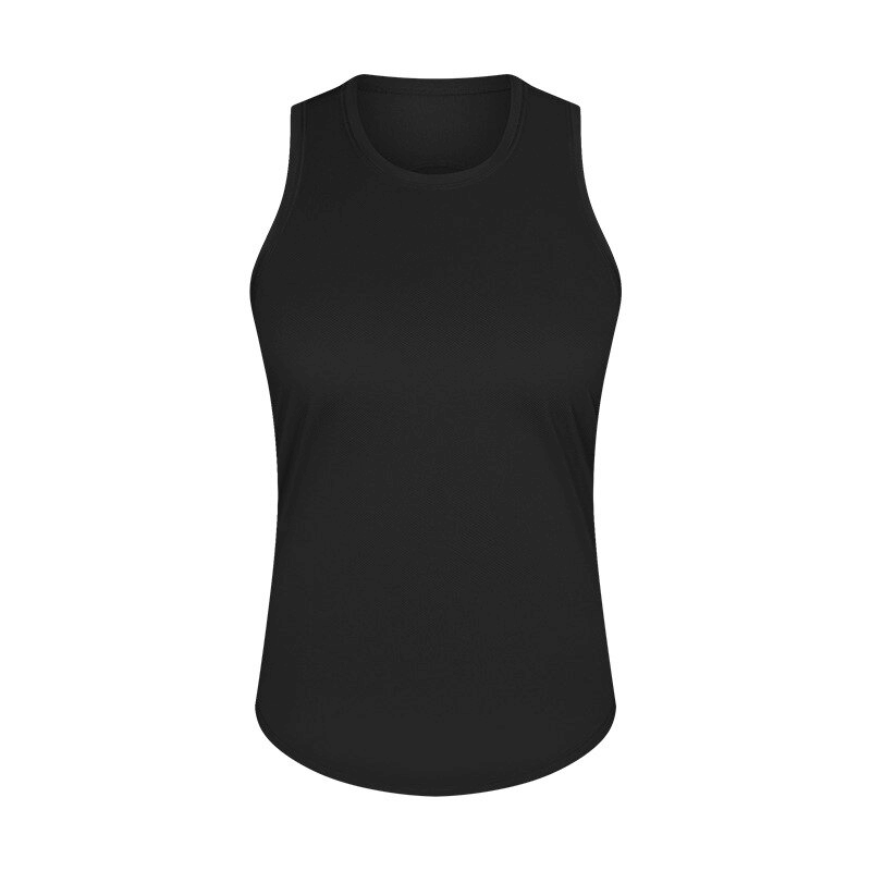 Black sports lightweight quick-drying women's tank for yoga, featuring breathable spandex and nylon fabric.