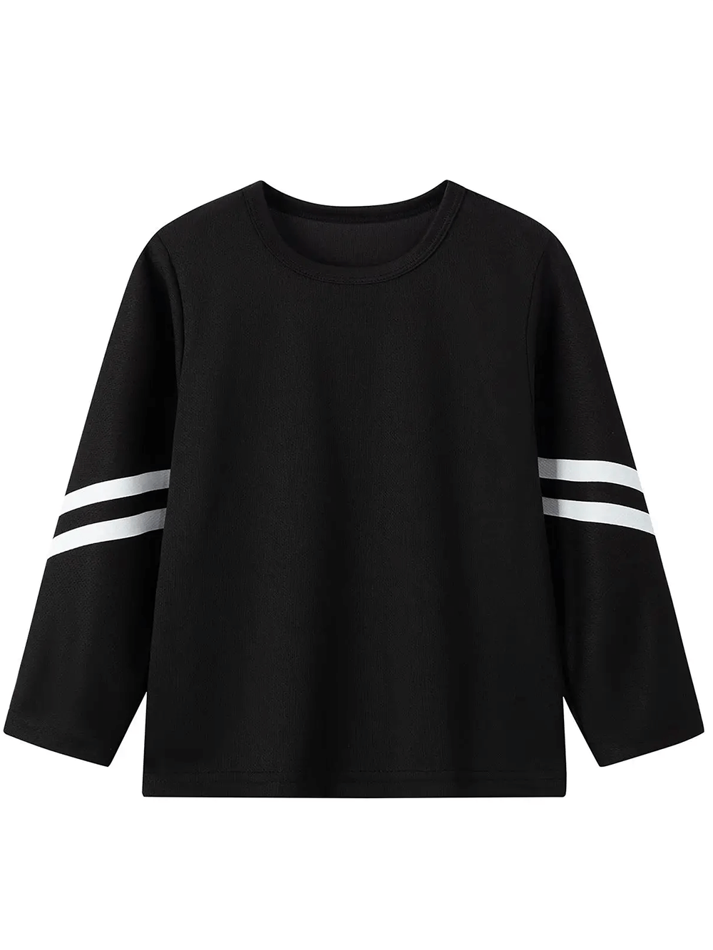 Black sports long-sleeved top for kids with white stripes and versatile unisex design.