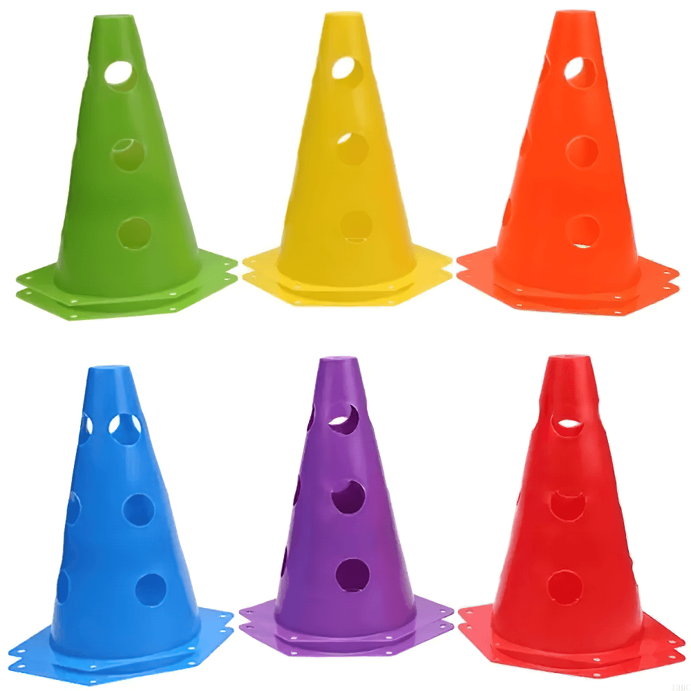 Set of colorful sports marker cones for agility training, featuring stackable design and bright visibility for drills and field practice.