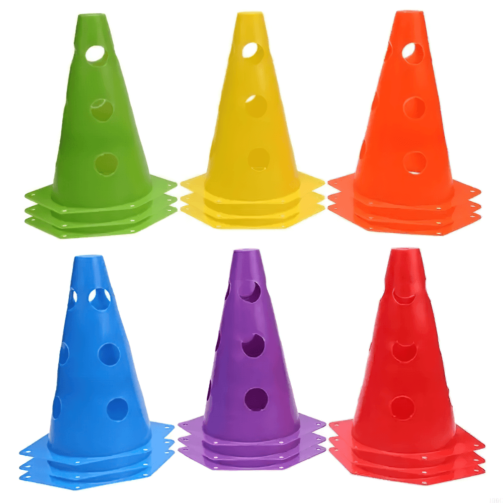 Bright agility marker cones in red, blue, green, yellow, orange, purple for training drills. Ideal for soccer and field practices.