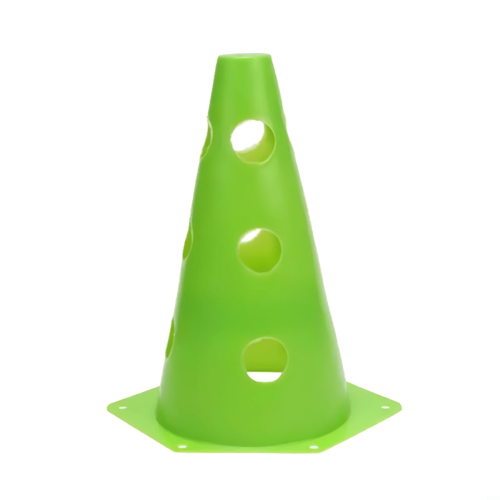 Bright green training cone with holes for agility drills, ideal for soccer, field exercises, and skating practice. Indoor/outdoor use.