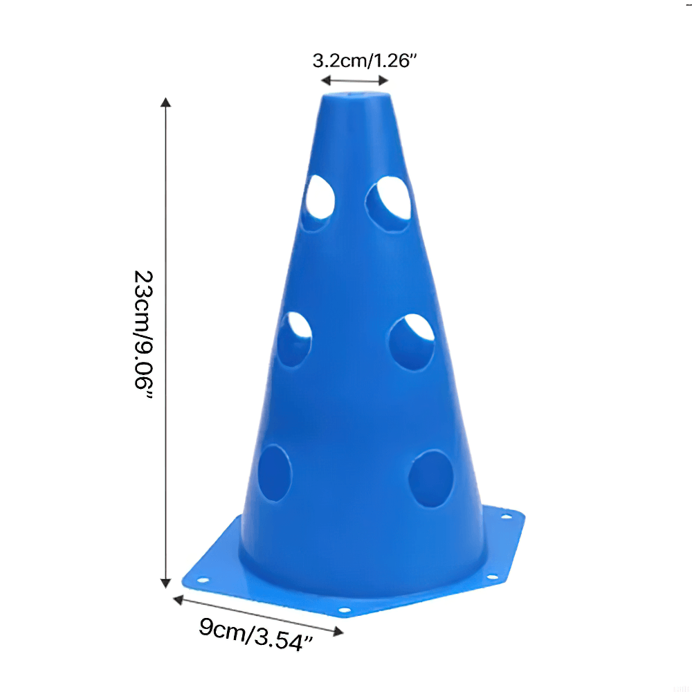Blue sports marker cone with multiple holes for agility training, measuring 23cm in height, ideal for soccer drills and skater practice.