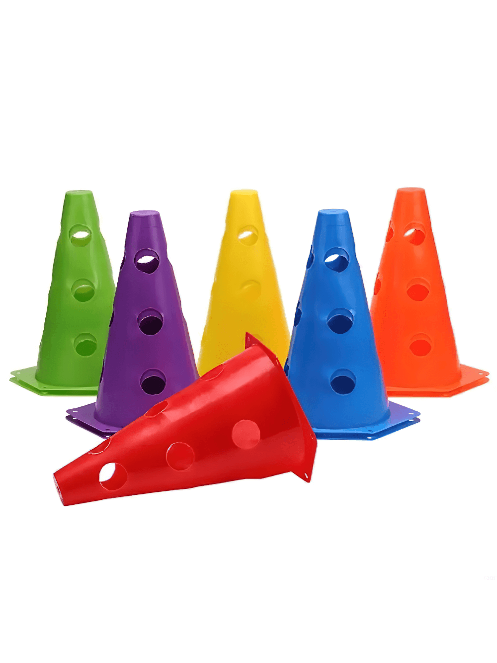Colorful agility training cones with holes for drills and stacking, ideal for sports practice and enhanced visibility outdoors.