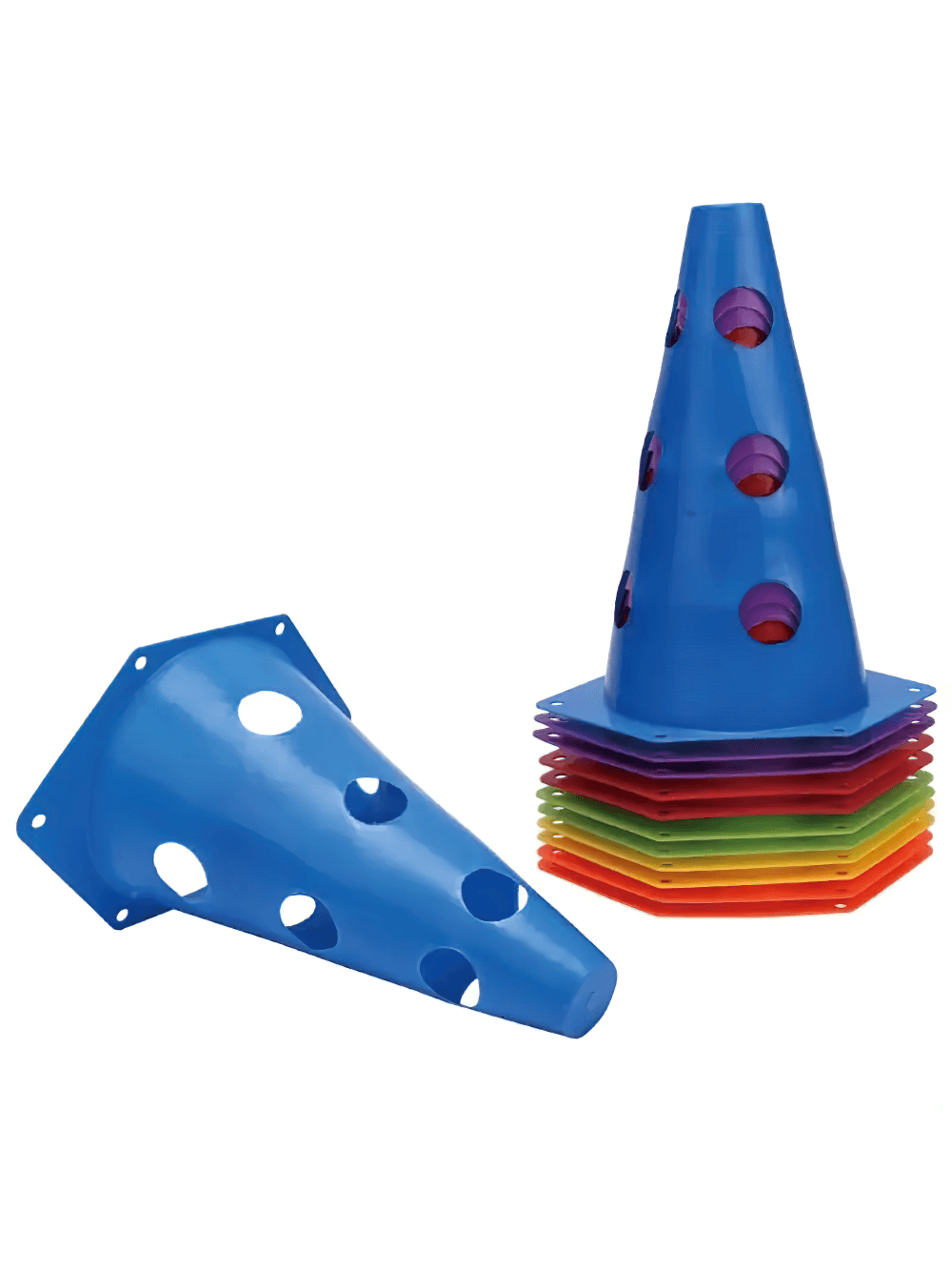 Blue sports marker cones with holes for agility training, stacked with colorful cones for soccer and skating drills.