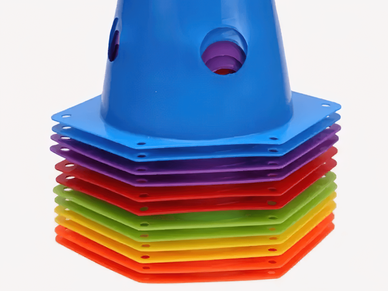 Stack of colorful sports marker cones for agility training, featuring holes for rods and compact storage design.