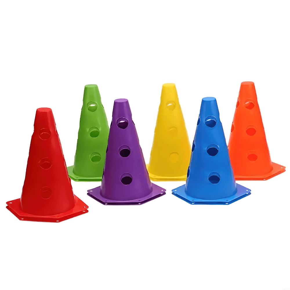 Colorful set of sports marker cones for agility training. Includes red, green, purple, yellow, blue, orange cones with holes for rods.