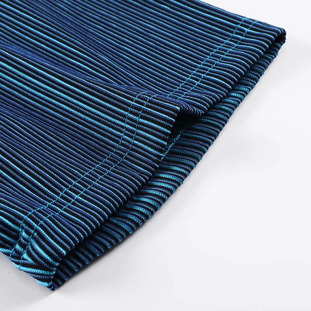 Close-up of blue striped compression running shorts, showcasing breathable fabric and precise stitching detail for active wear.