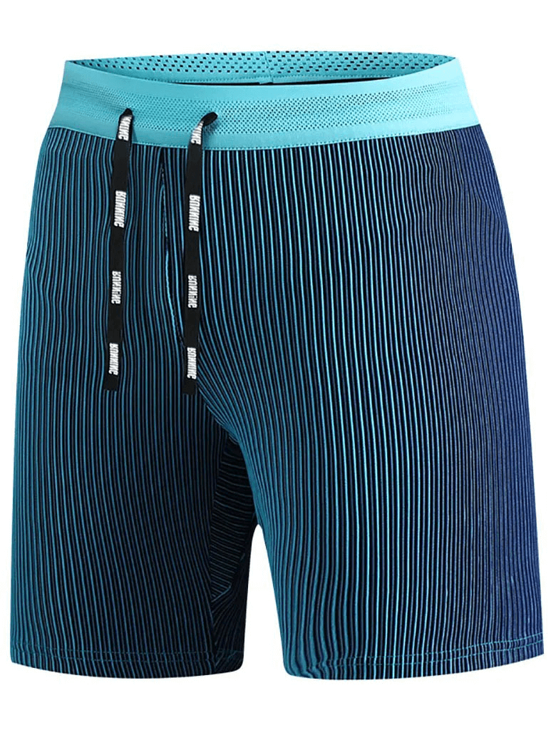 Blue striped men's compression running shorts with drawstring, designed for active comfort and style, perfect for workouts.
