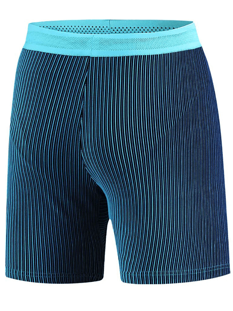 Men's blue striped compression running shorts with drawstring waistband, perfect for workouts and running.