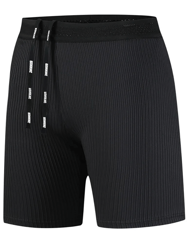 Men's black striped compression running shorts with drawstring waistband, perfect for comfort and performance during workouts.