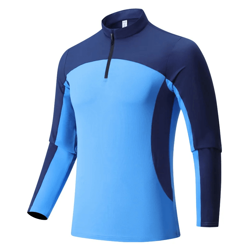 Blue men's half-zip long sleeve running shirt SF2070, ideal for workouts and outdoor activities. Breathable and versatile activewear top.