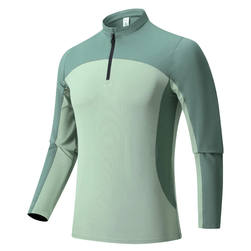 Men's long sleeve half-zip running shirt in green, perfect for workouts, outdoor activities, and casual wear. Comfortable and breathable.