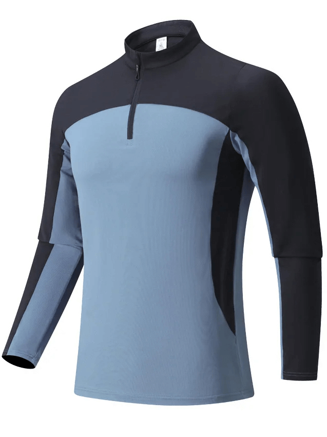Men's blue half-zip long sleeve running shirt SF2070, perfect for workouts and casual wear with breathable fabric and temperature control.