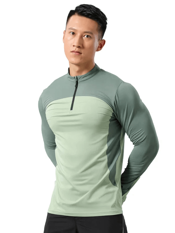 Men's green half-zip long sleeve shirt for running, ideal for workouts and outdoor activities, comfortable and breathable design.