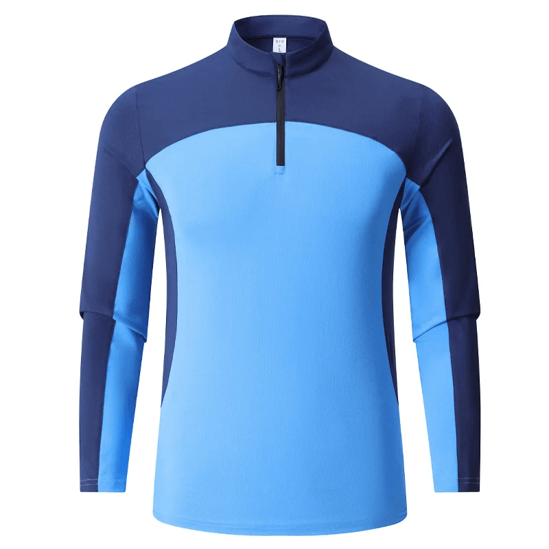 Men's blue half-zip long sleeve running top, perfect for workouts and outdoor activities.